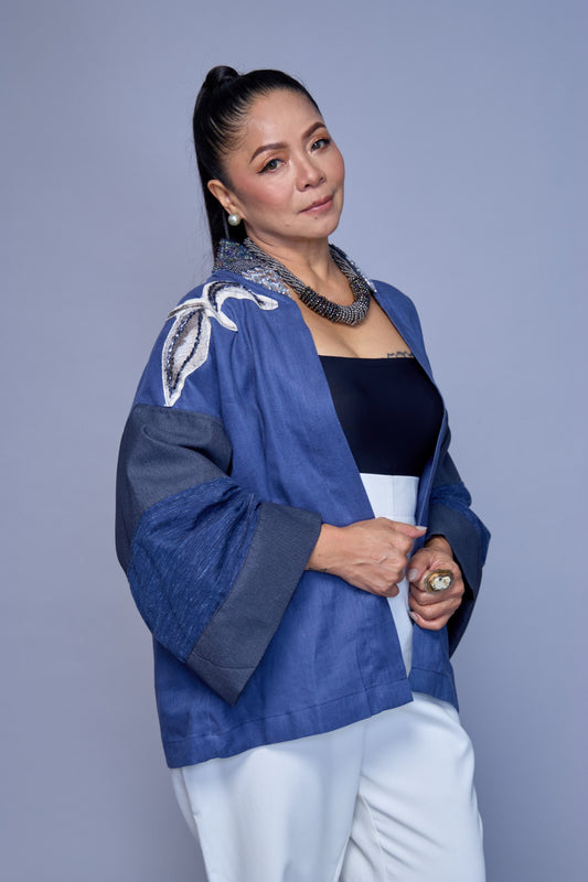 Itinakda Pure Linen Cover Up in Cerulean  with Floral Applique and Hand Embroidery