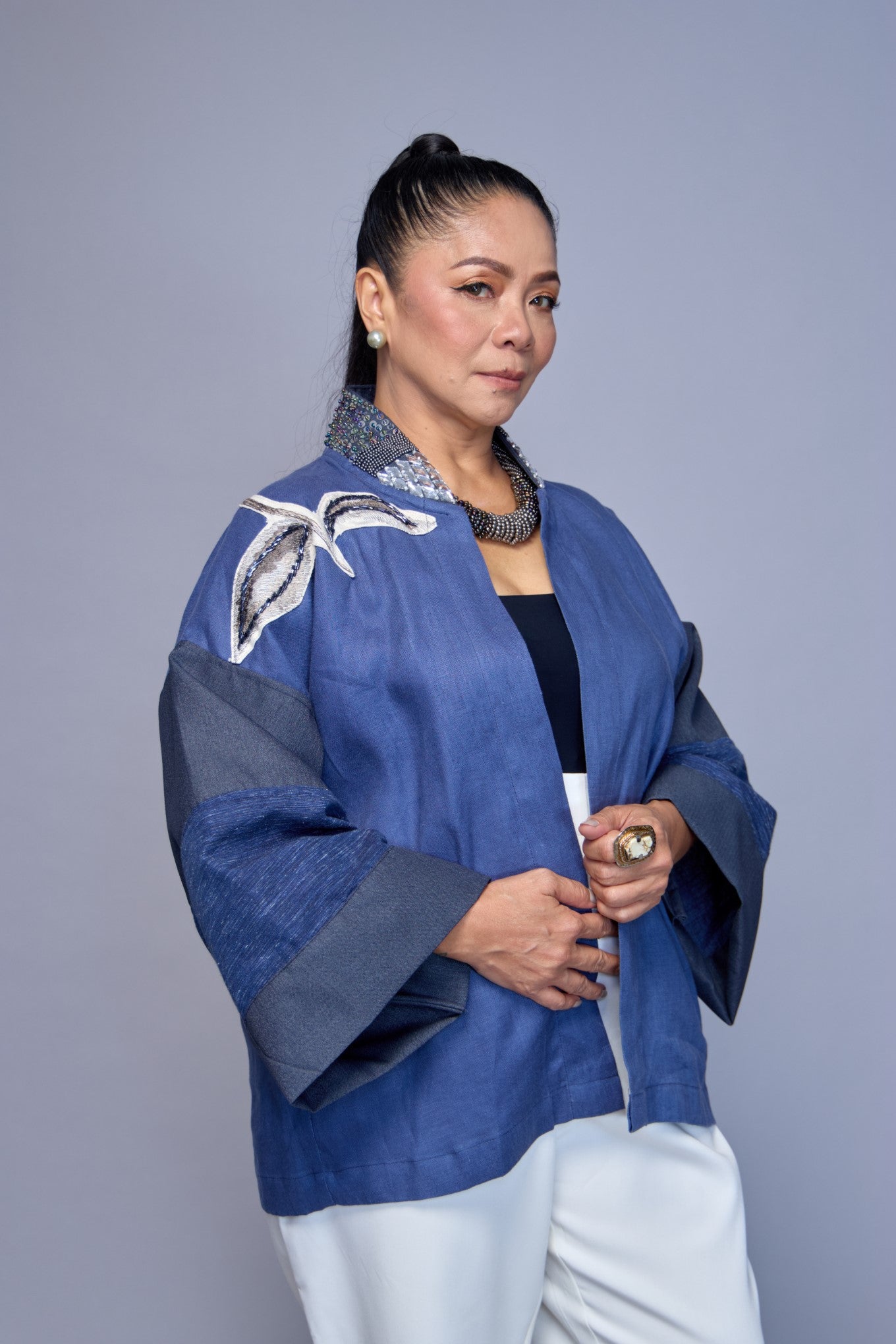 Itinakda Pure Linen Cover Up in Cerulean with Floral Applique and Hand Embroidery