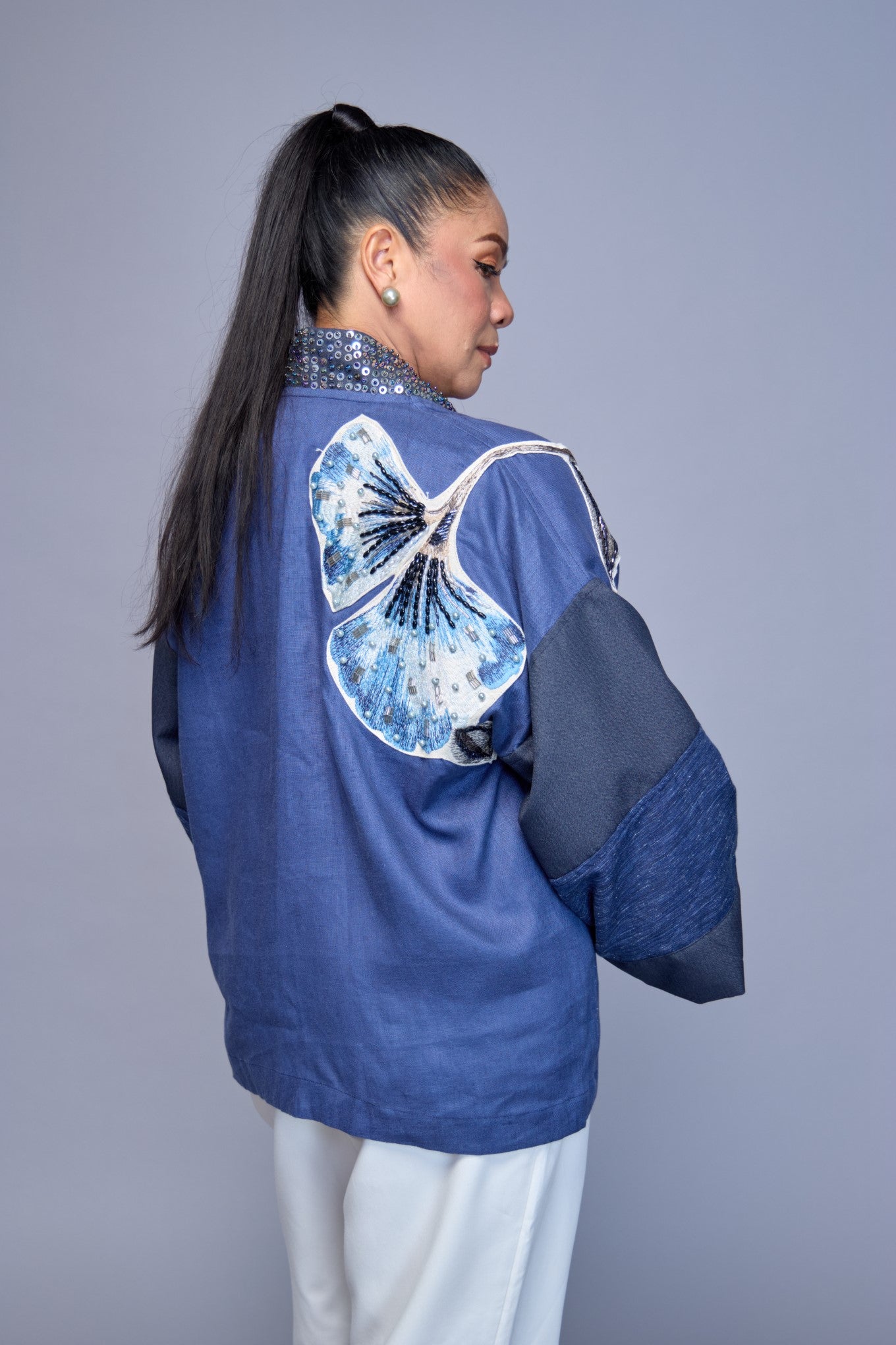 Itinakda Pure Linen Cover Up in Cerulean with Floral Applique and Hand Embroidery