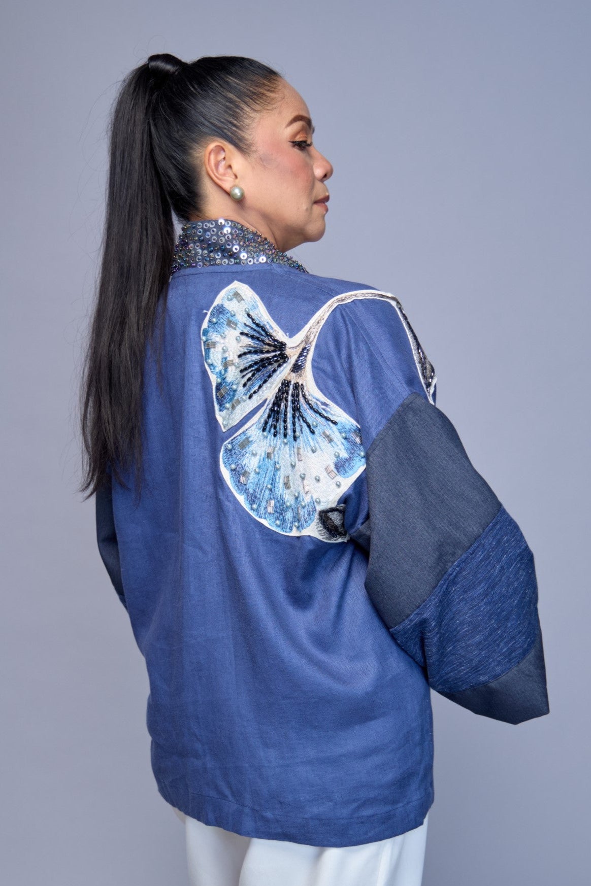 Itinakda Pure Linen Cover Up in Cerulean with Floral Applique and Hand Embroidery