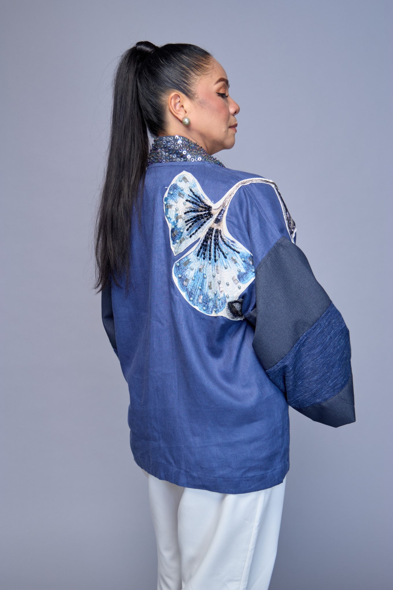 Itinakda Pure Linen Cover Up in Cerulean with Floral Applique and Hand Embroidery