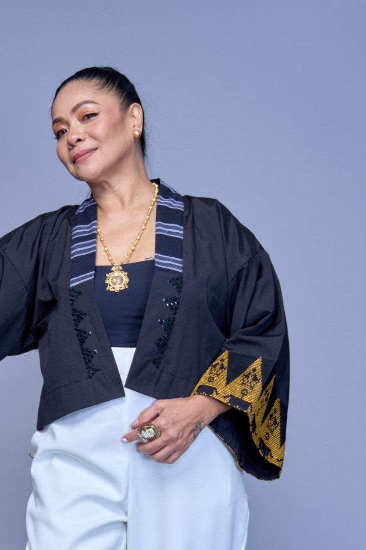 Black Crop Kimono with Inaul of Maguindanao