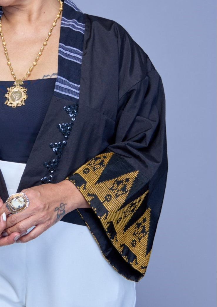 Black Crop Kimono with Inaul of Maguindanao