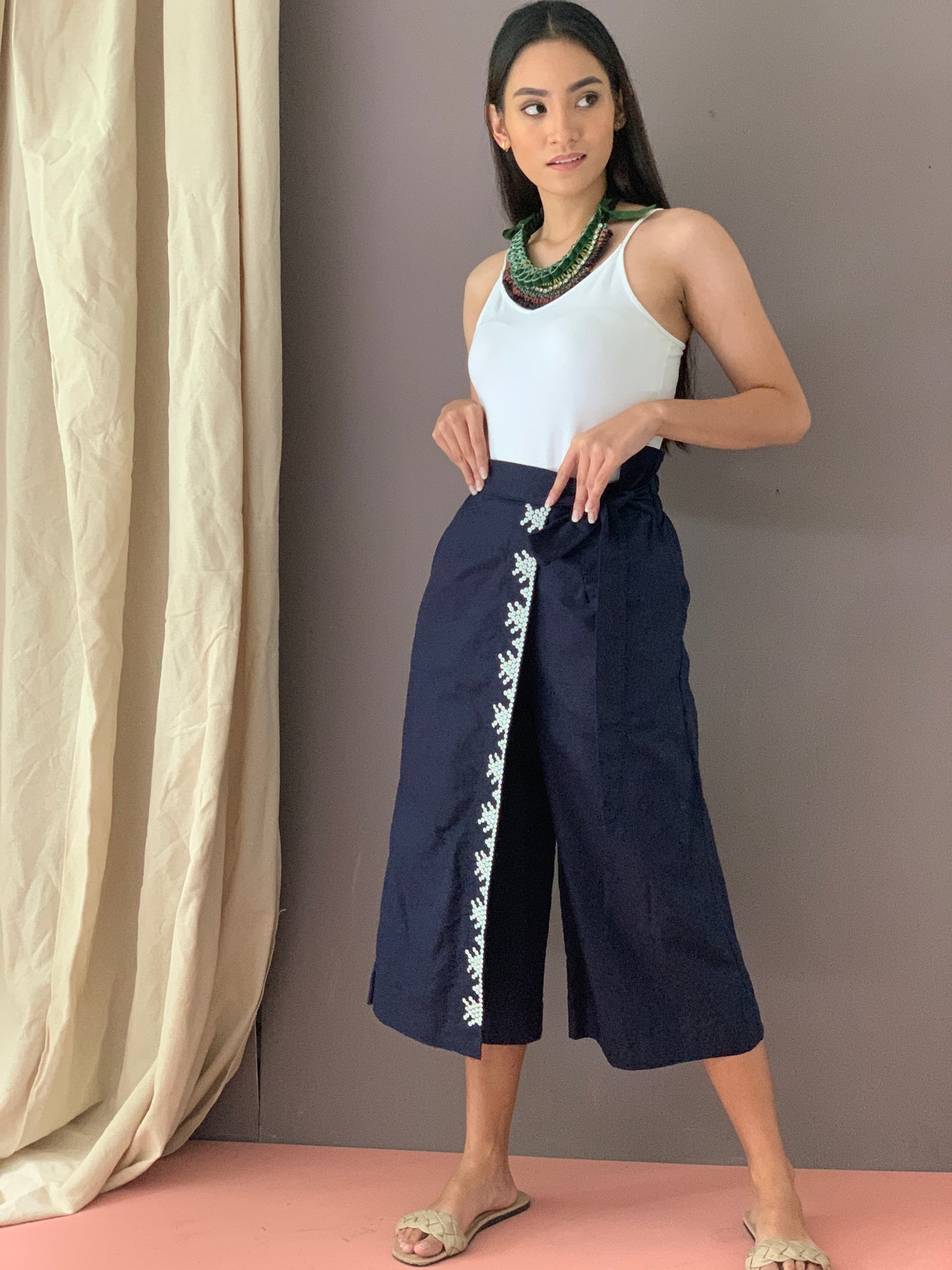 XL Lakwatsa Pants in Dark Blue Linen with White Beads