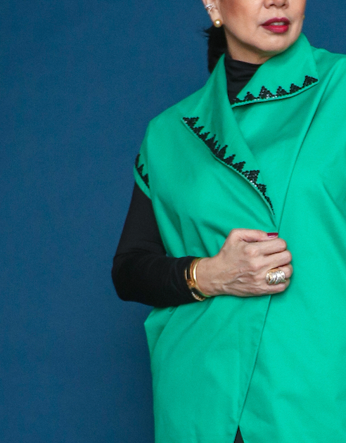 Dignidad Trench Kimono with Deep Pockets and Hand Beadwork in Emerald Green