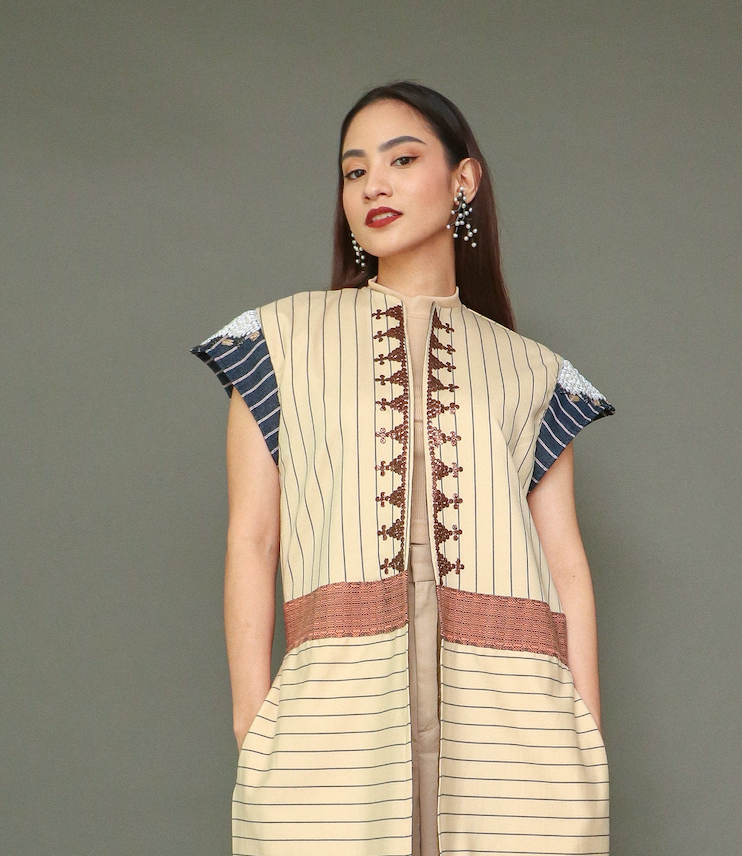 Magandang Dilag Brown Stripes Trench Kimono with Hand Embroidery and Langkit of Marawi