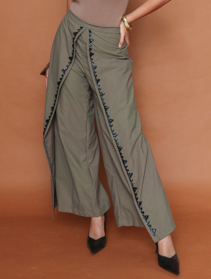Maayos Kausap Fatigue Green Flair Pants with Hand Embroidery