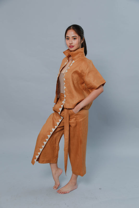 Brown Lakwatsa Linen Coords with Hand Embroidery