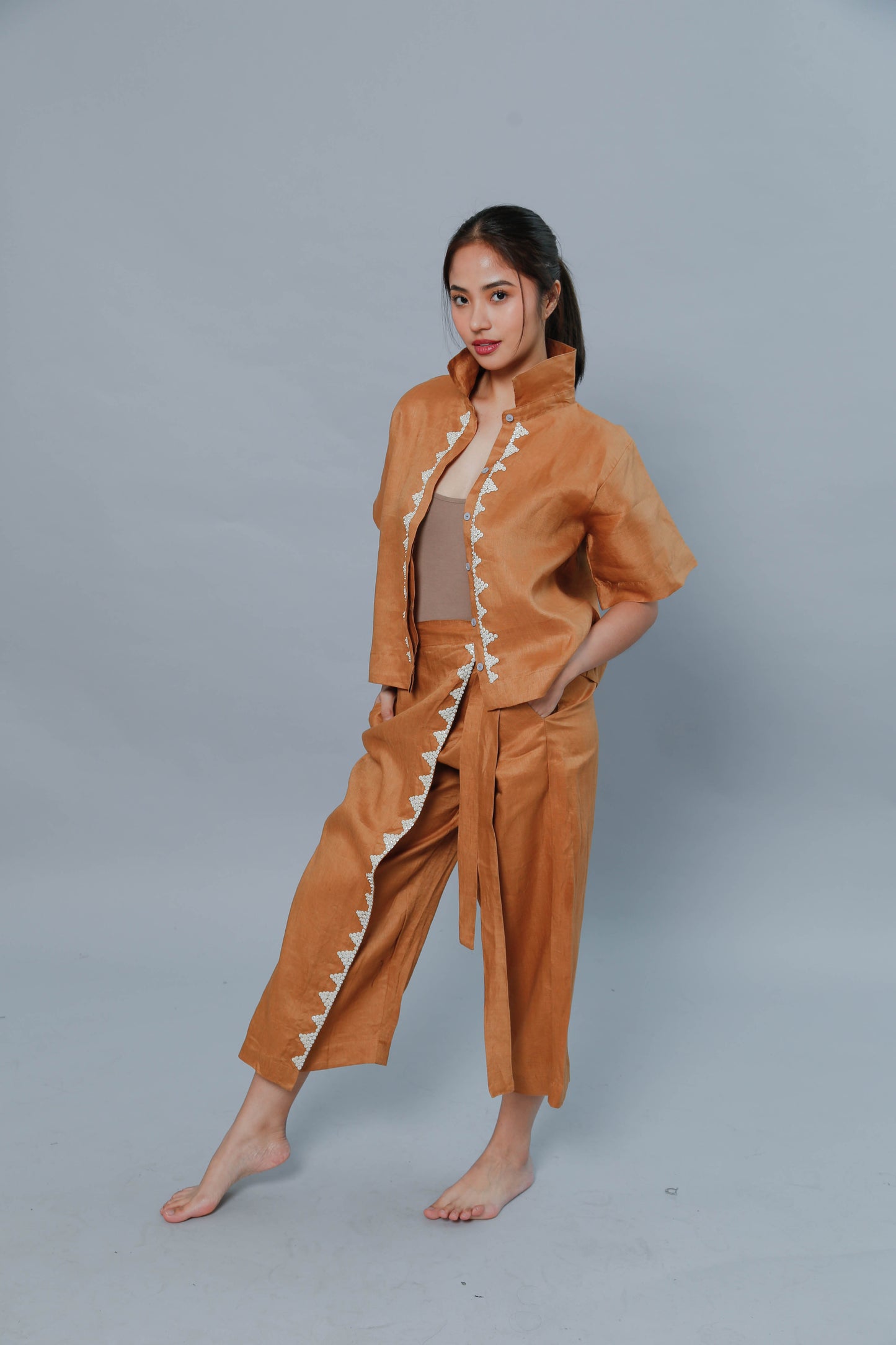 Brown Lakwatsa Linen Coords with Hand Embroidery