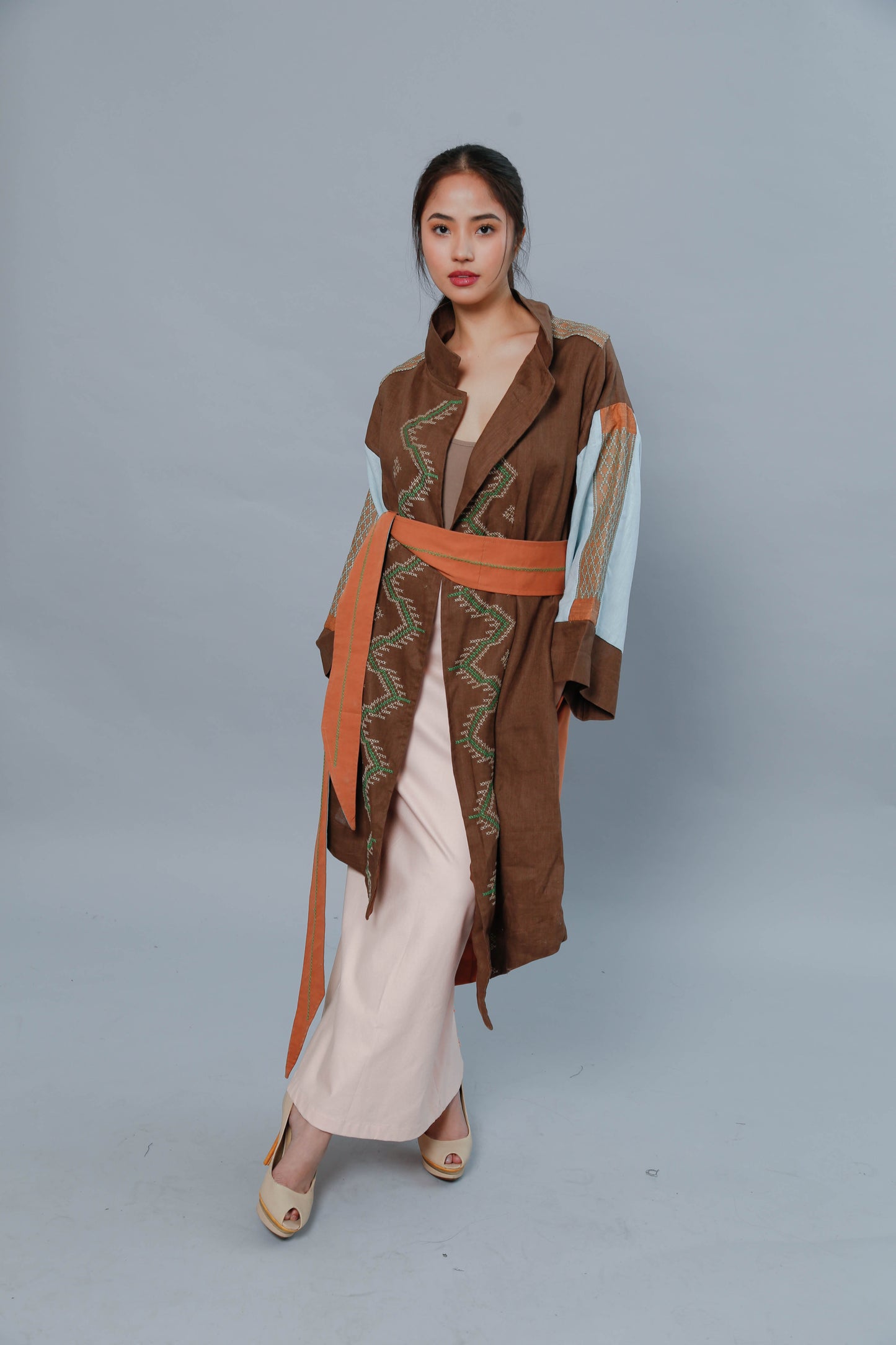 Premium Linen Trench Coat Poncho with Exquisite Tboli Embroidery