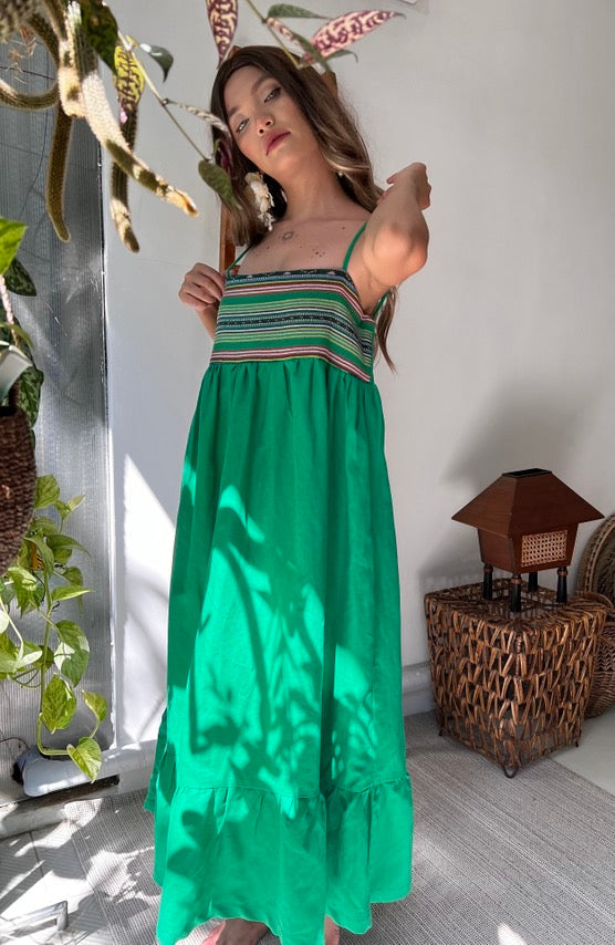 Maligayang Bati Premium Linen Summer Dress with Rare Philippine Weaves in Green
