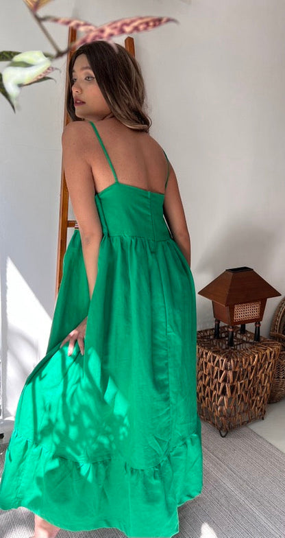 Maligayang Bati Premium Linen Summer Dress with Rare Philippine Weaves in Green