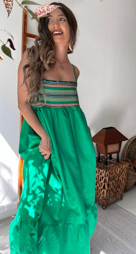 Maligayang Bati Premium Linen Summer Dress with Rare Philippine Weaves in Green