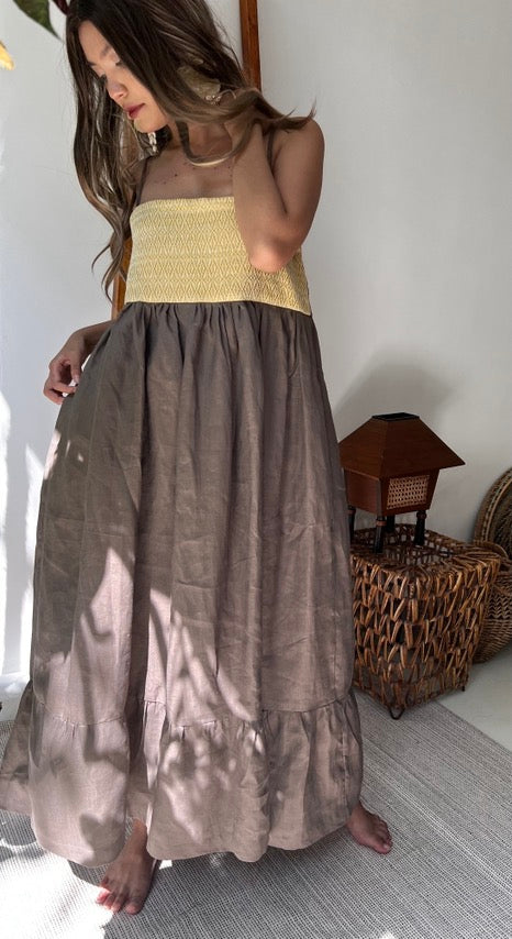 Maligayang Bati Premium Linen Summer Dress with Rare Philippine Weaves in Brown & Yellow