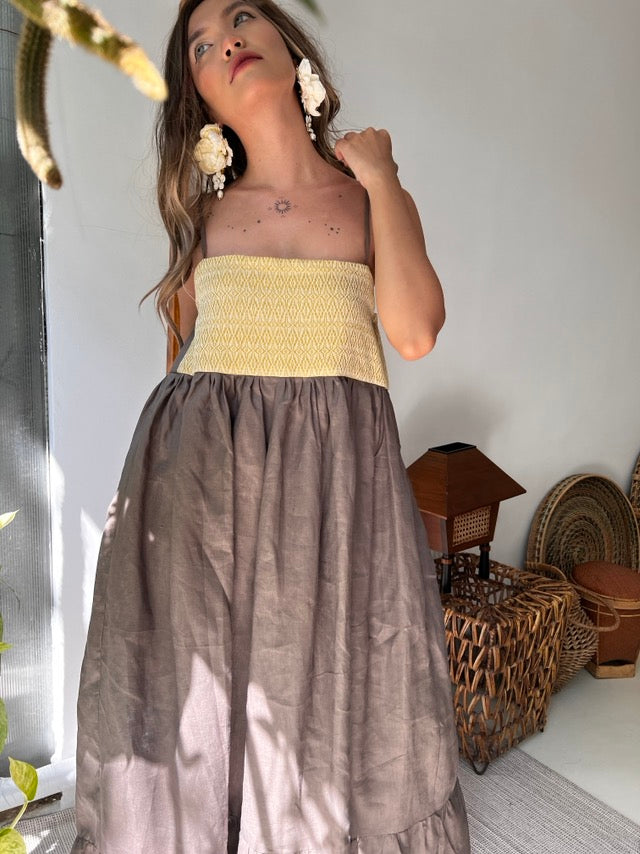 Maligayang Bati Premium Linen Summer Dress with Rare Philippine Weaves in Brown & Yellow