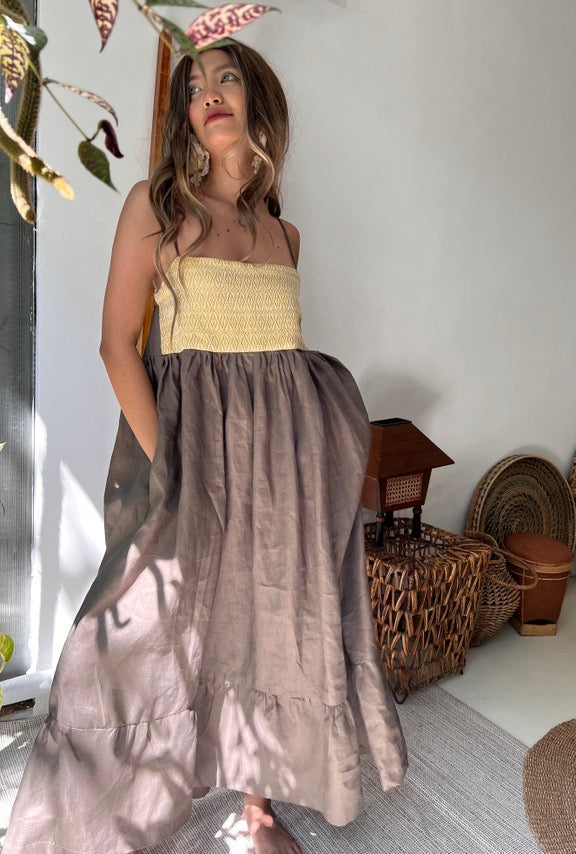 Maligayang Bati Premium Linen Summer Dress with Rare Philippine Weaves in Brown & Yellow
