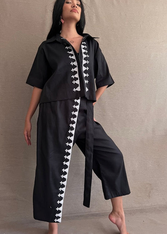 Black Lakwatsa Linen Coords with Hand Embroidery