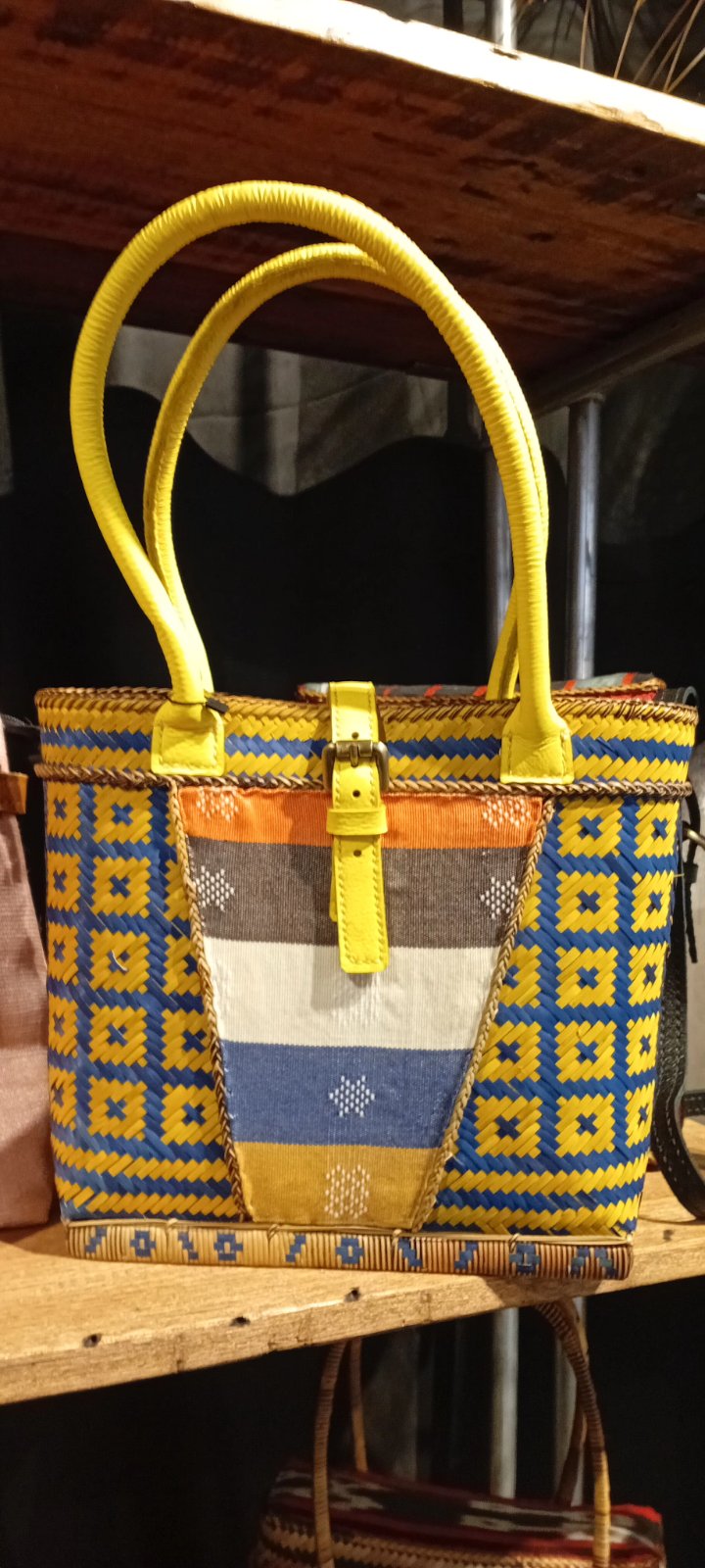 Hand dyed Bamboo Bag by the Teduray Tribe of South Cotabato with Cow Leather, Handsewn Handle with Ikat and Kalinga Weave of Cordillera