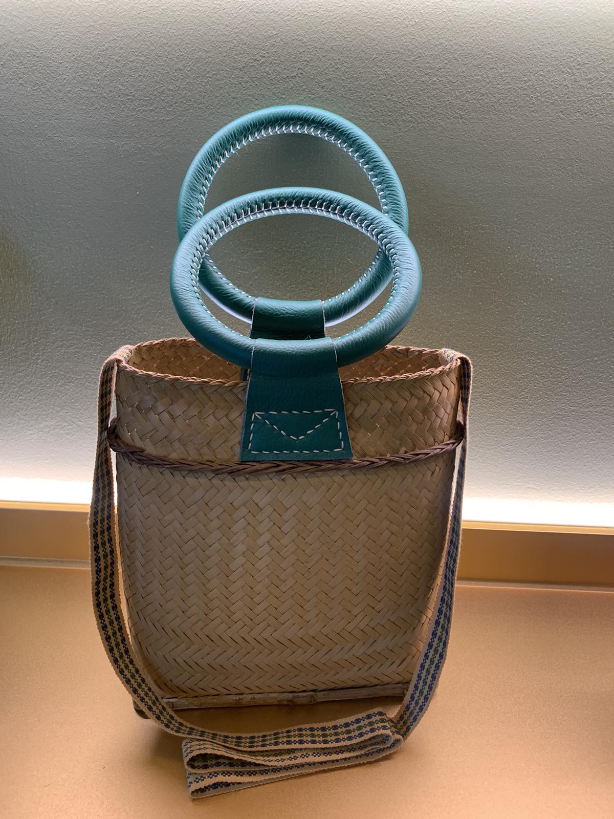 Mangyan Basket Bag with Handsewn Leather Handle and Kalinga Straps