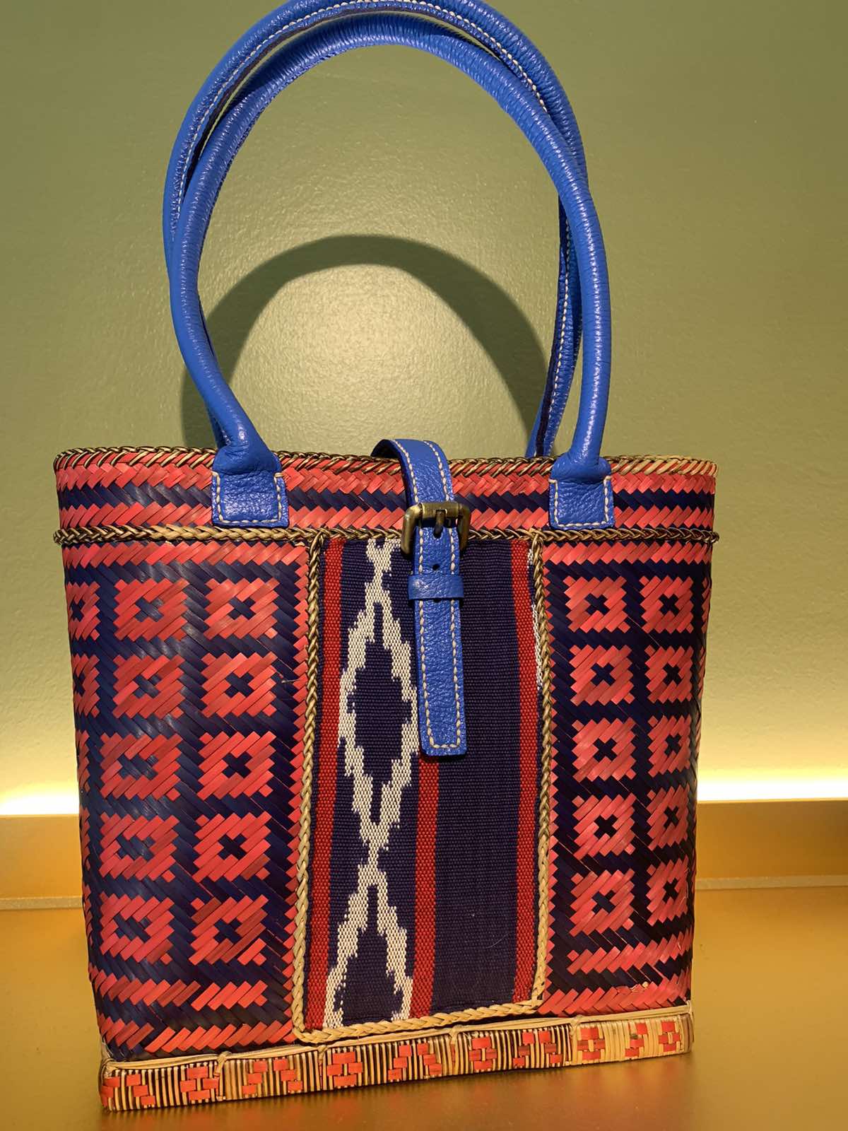 Hand dyed Bamboo Bag by the Teduray Tribe of South Cotabato with Cow Leather, Handsewn Handle with Ikat and Kalinga Weave of Cordillera