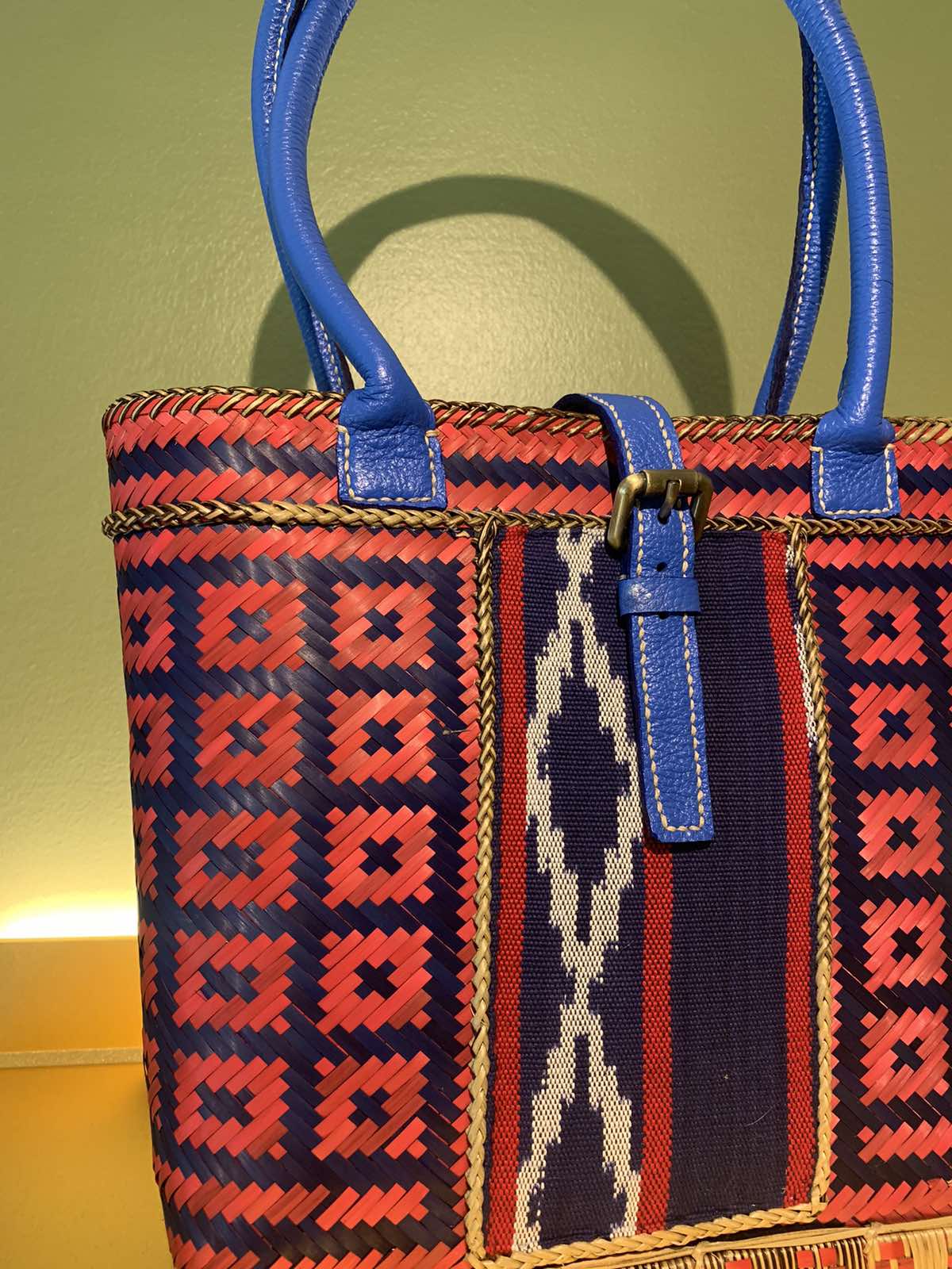 Hand dyed Bamboo Bag by the Teduray Tribe of South Cotabato with Cow Leather, Handsewn Handle with Ikat and Kalinga Weave of Cordillera