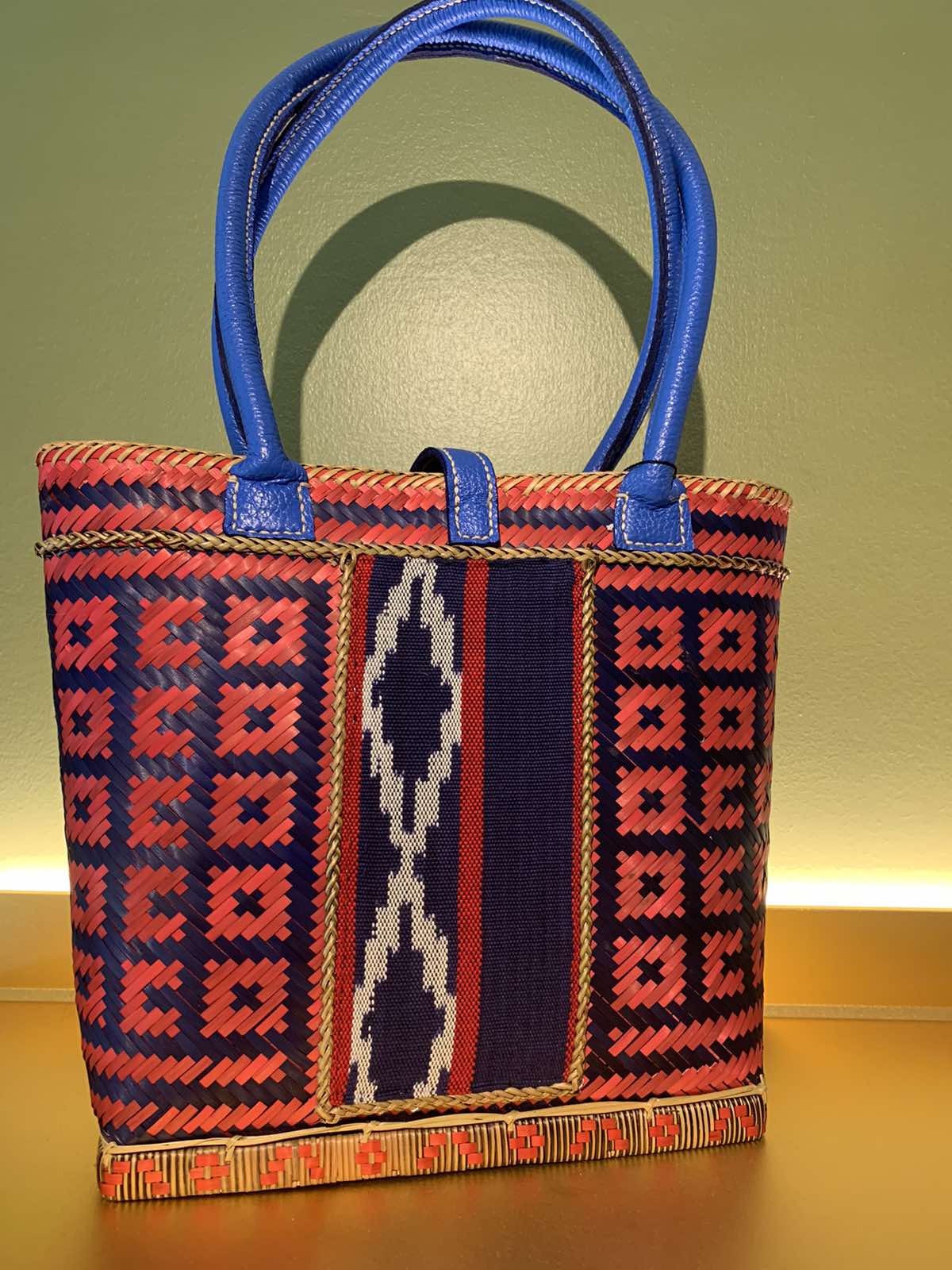 Hand dyed Bamboo Bag by the Teduray Tribe of South Cotabato with Cow Leather, Handsewn Handle with Ikat and Kalinga Weave of Cordillera