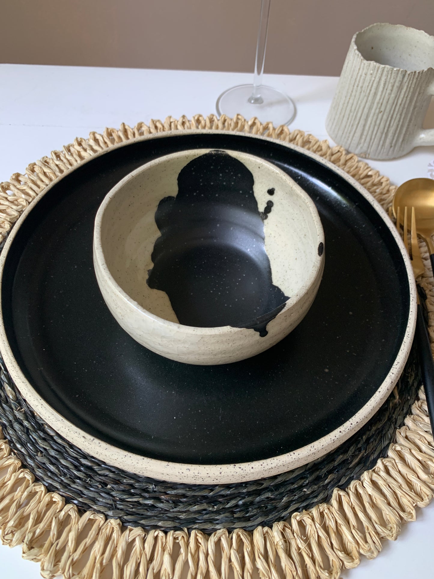 Hand Molded Stoneware Soup Bowl with Black Drip