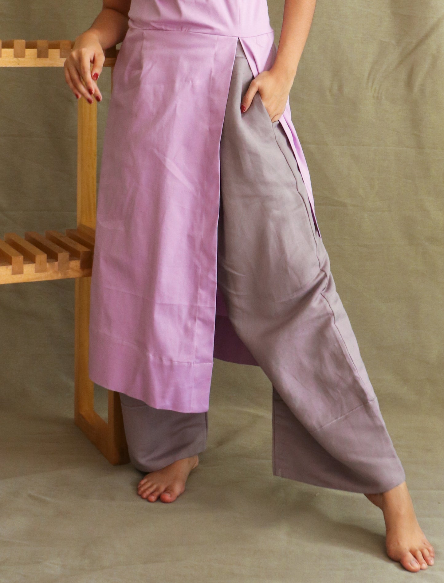 Lilac Long Slit Dress with Wide Pants Coords