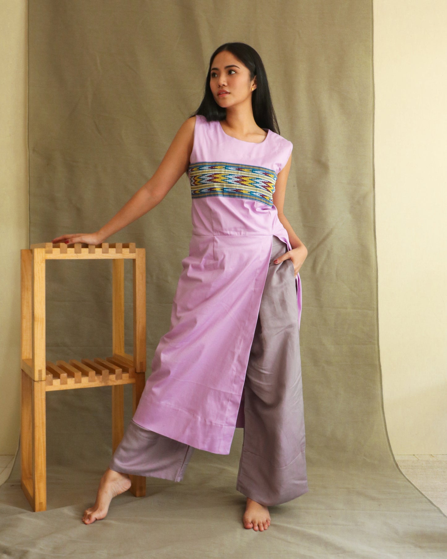 Lilac Long Slit Dress with Wide Pants Coords