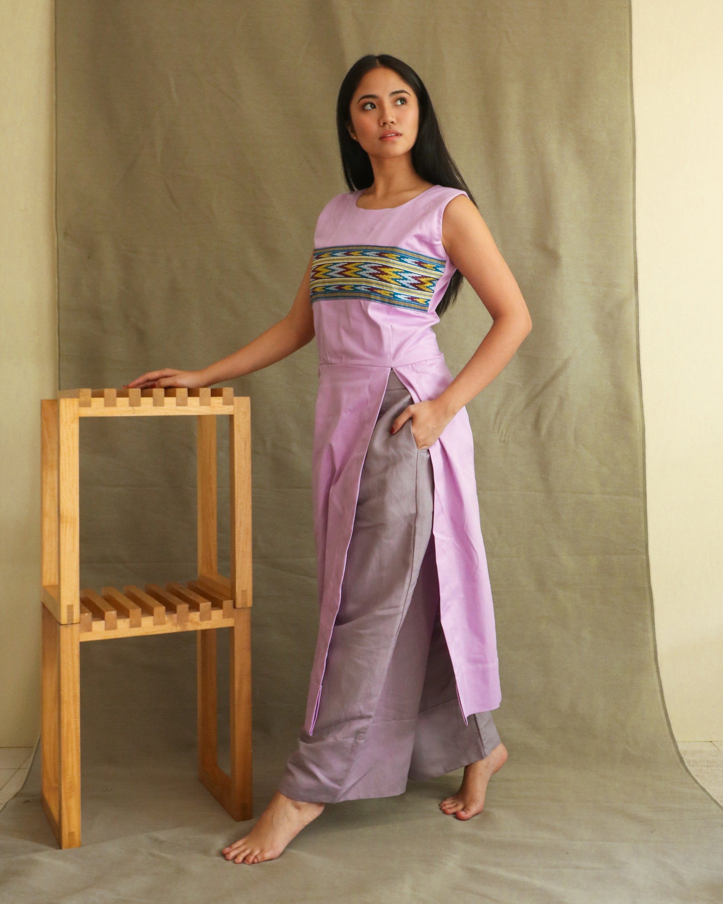 Lilac Long Slit Dress with Wide Pants Coords
