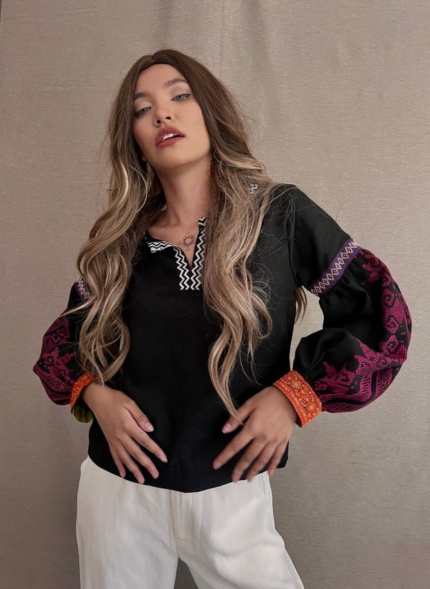 Himig Black Linen Top in Inaul Weave