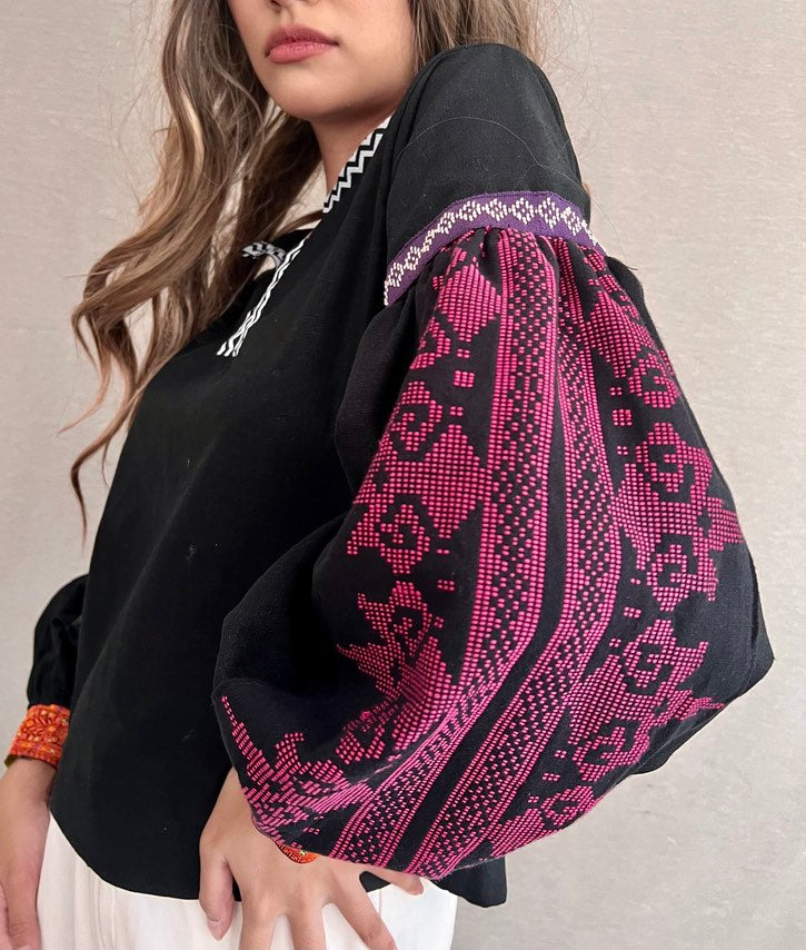 Himig Black Linen Top in Inaul Weave