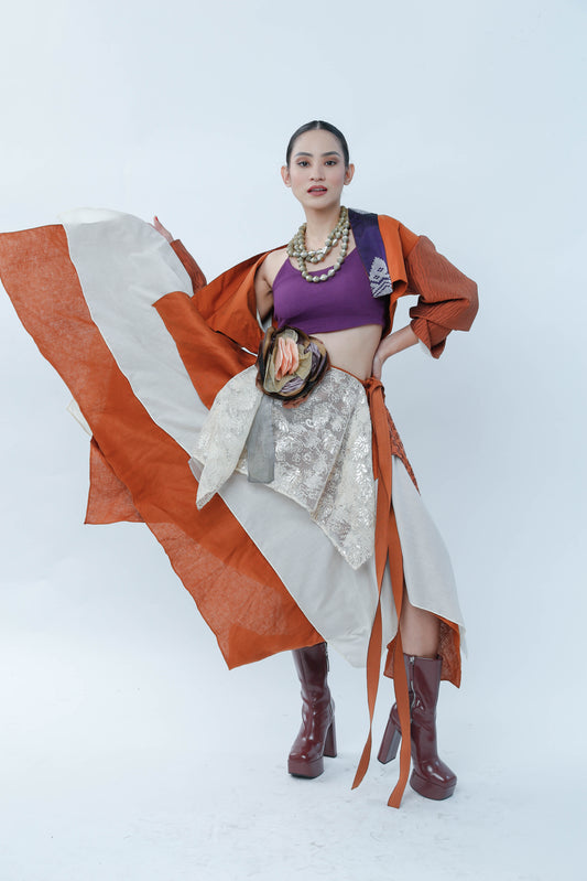 Freestyle Skirt Burnt Orange with Floral Applique and Kundiman Weave