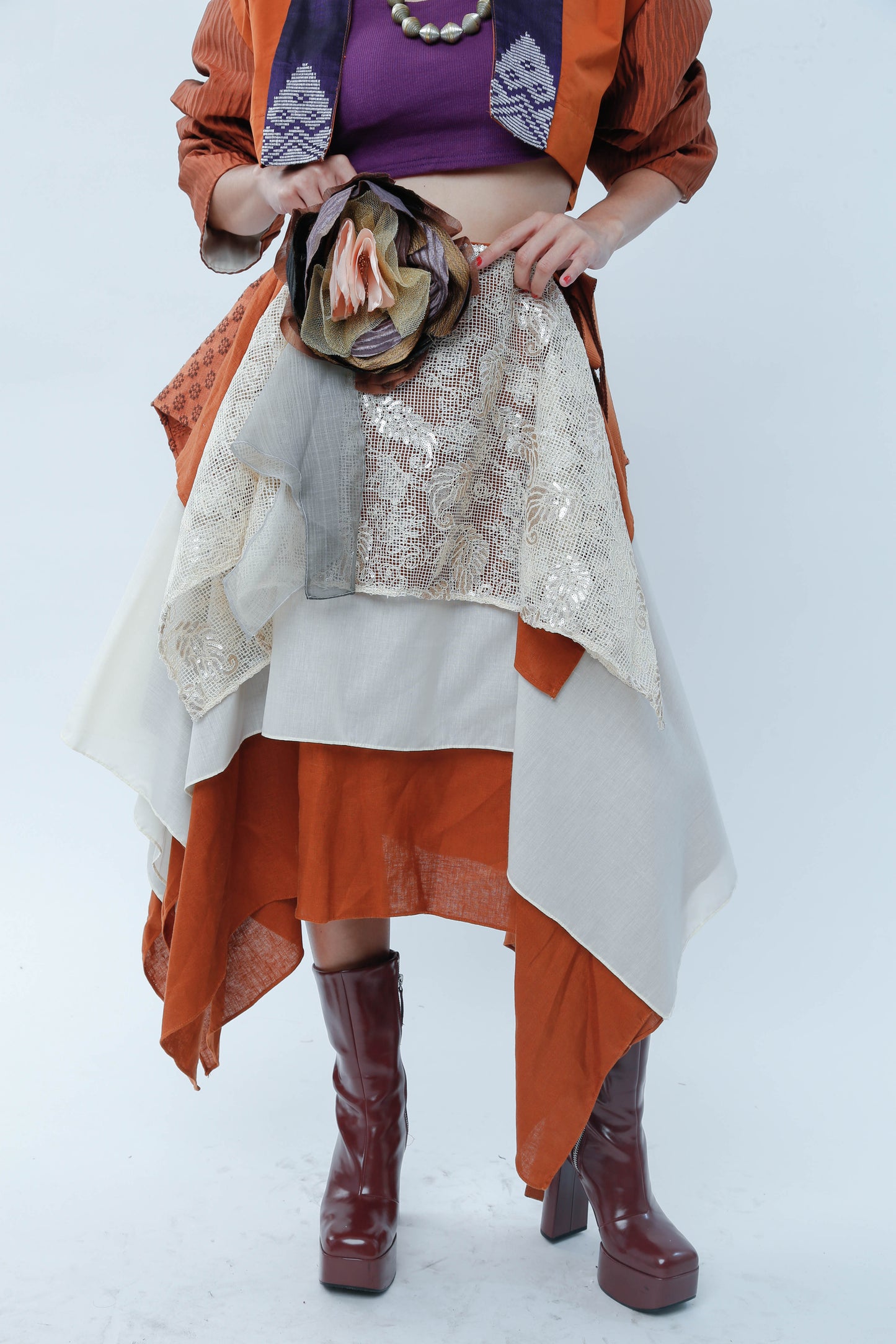 Freestyle Skirt Burnt Orange with Floral Applique and Kundiman Weave