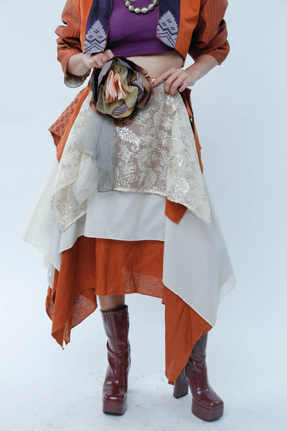 Freestyle Skirt Burnt Orange with Floral Applique and Kundiman Weave