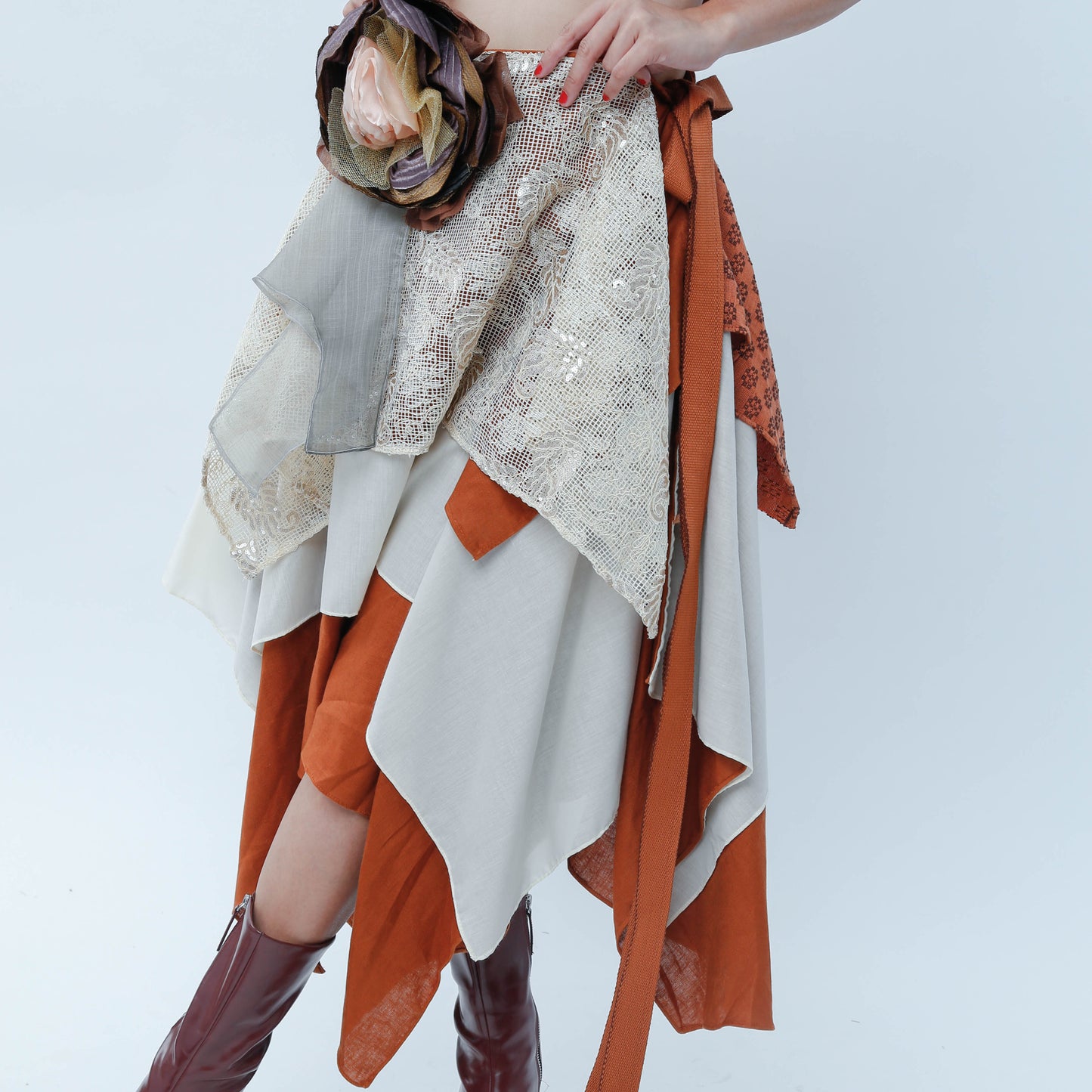 Freestyle Skirt Burnt Orange with Floral Applique and Kundiman Weave