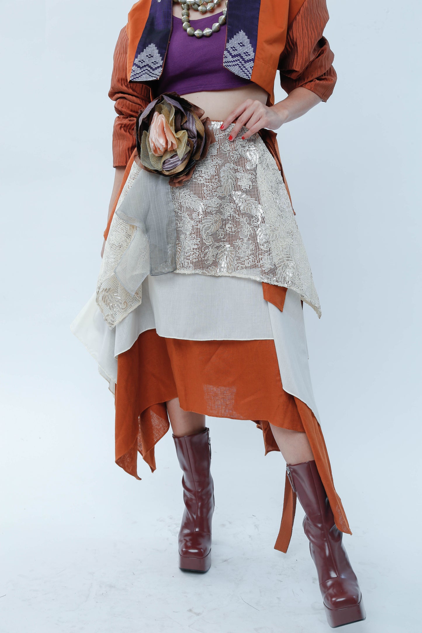 Freestyle Skirt Burnt Orange with Floral Applique and Kundiman Weave
