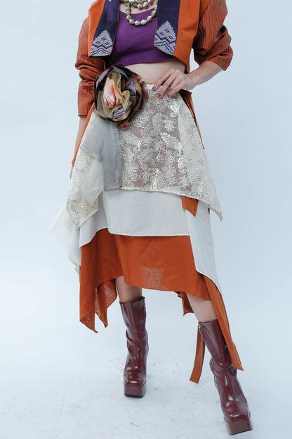 Freestyle Skirt Burnt Orange with Floral Applique and Kundiman Weave