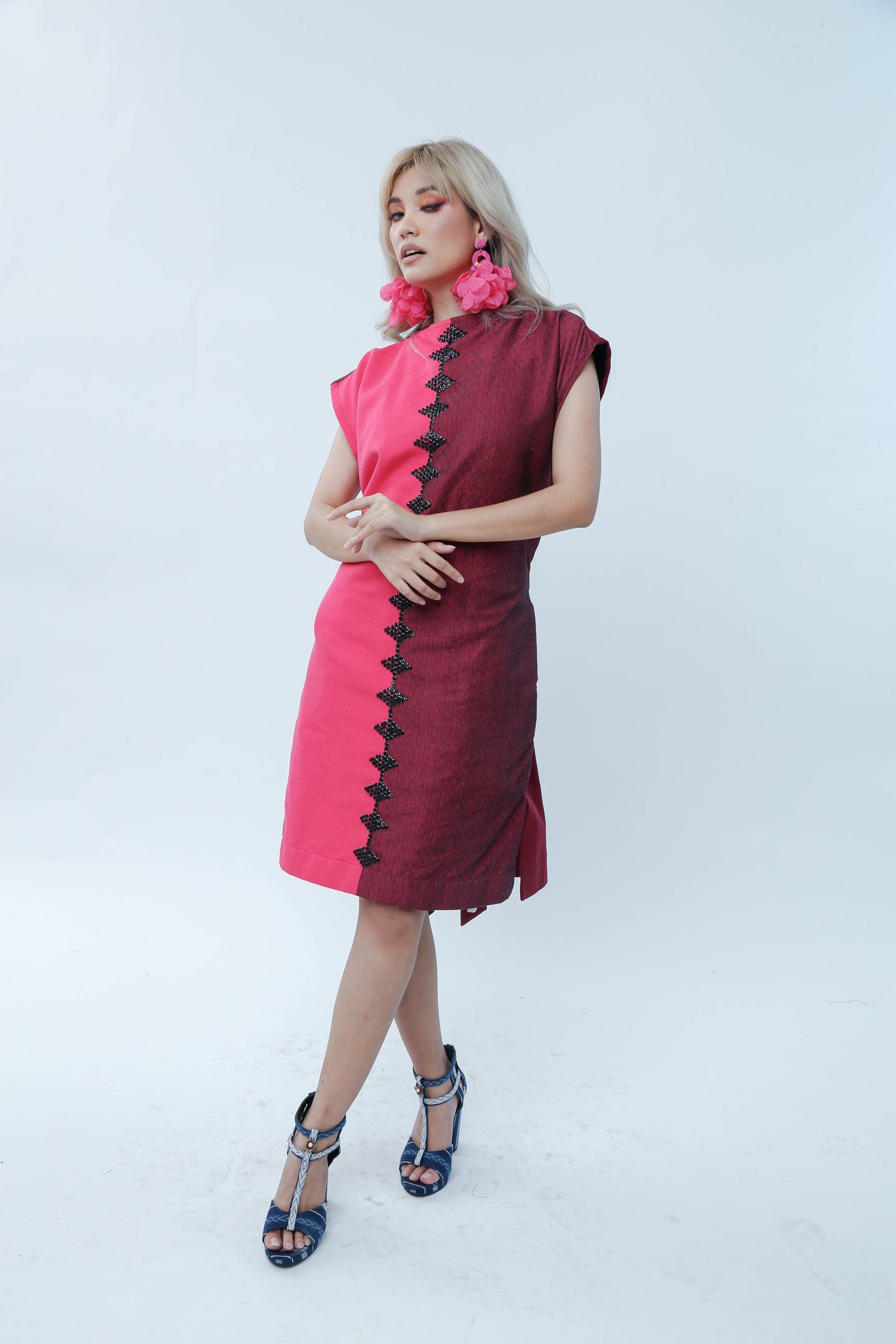 Doble Kara Free Size Two Tones Dress in Pink Black Kalinga Weave