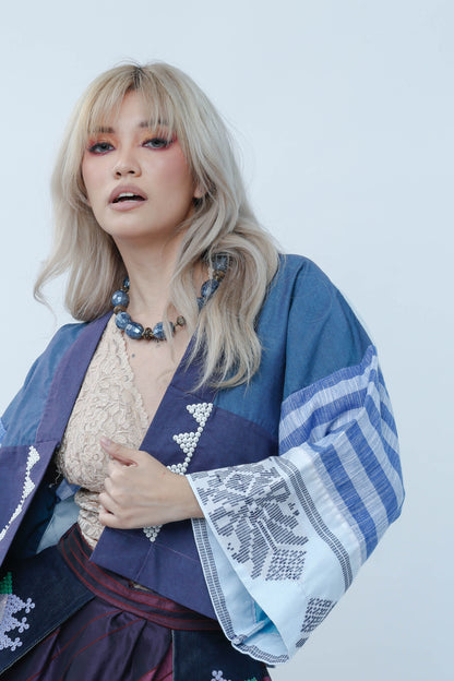 Crop Kimono in Blue Cotton Inaul