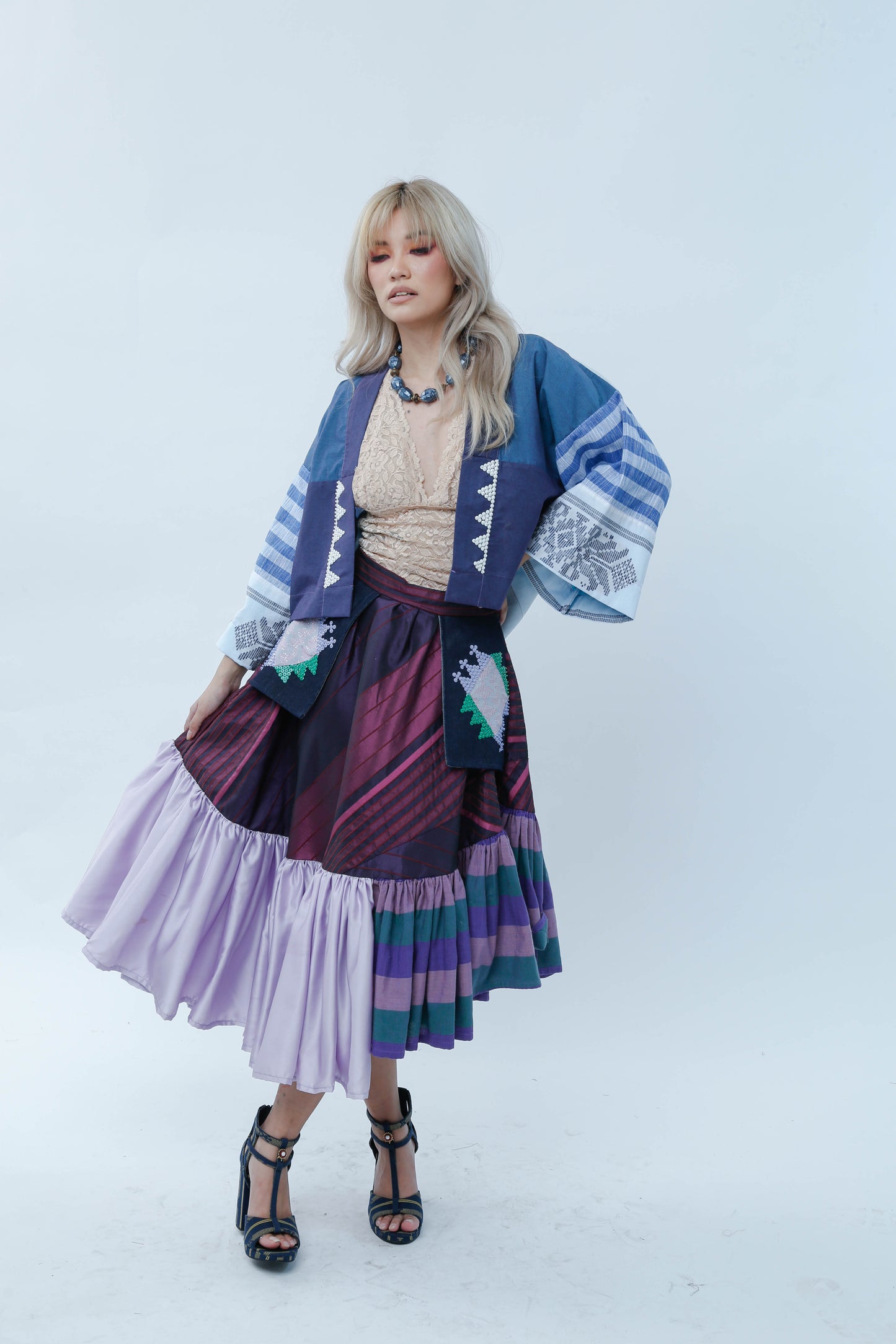 Crop Kimono in Blue Cotton Inaul