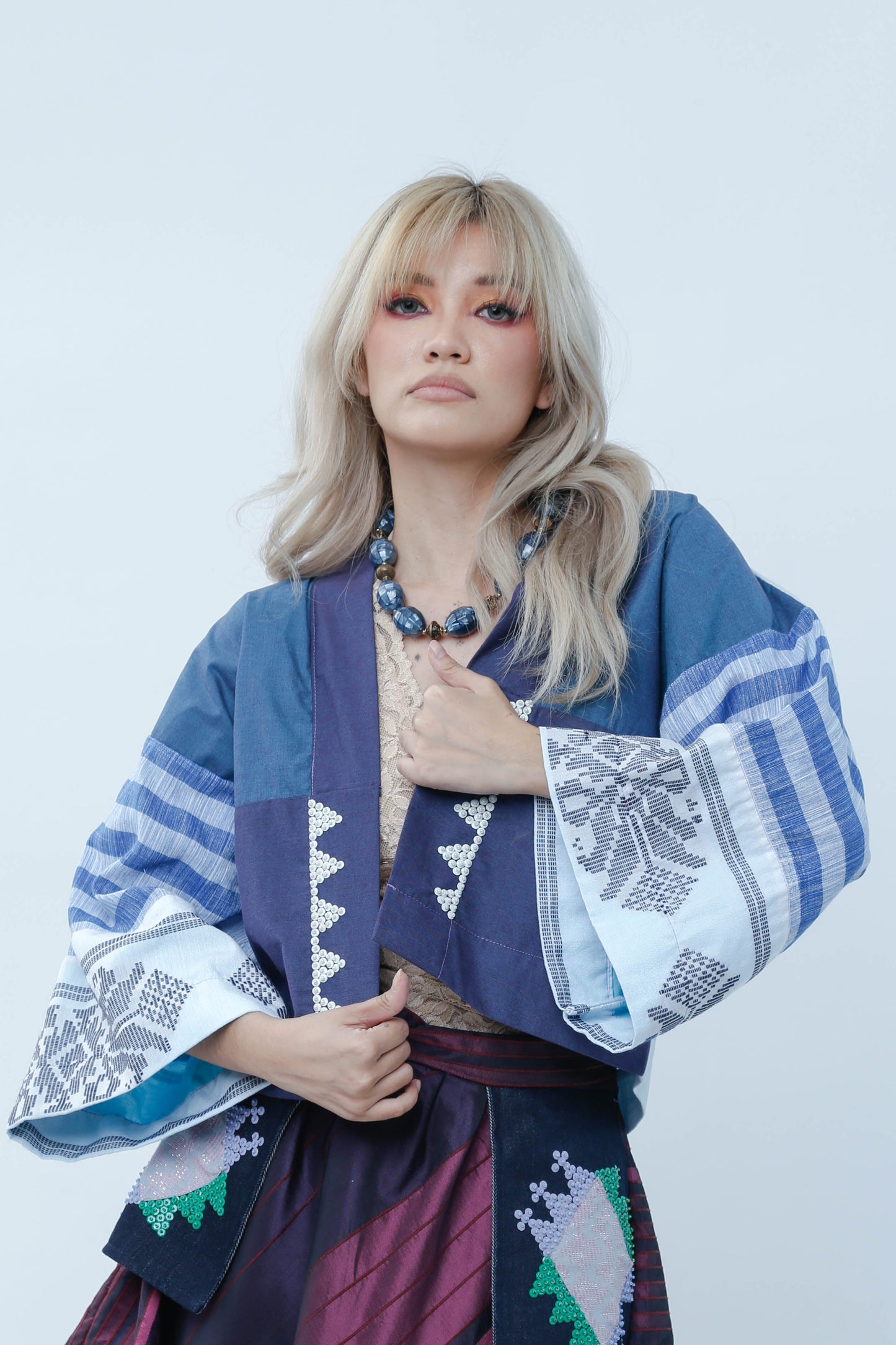 Crop Kimono in Blue Cotton Inaul