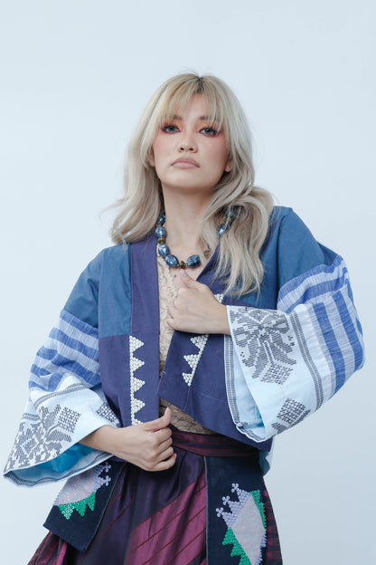 Crop Kimono in Blue Cotton Inaul