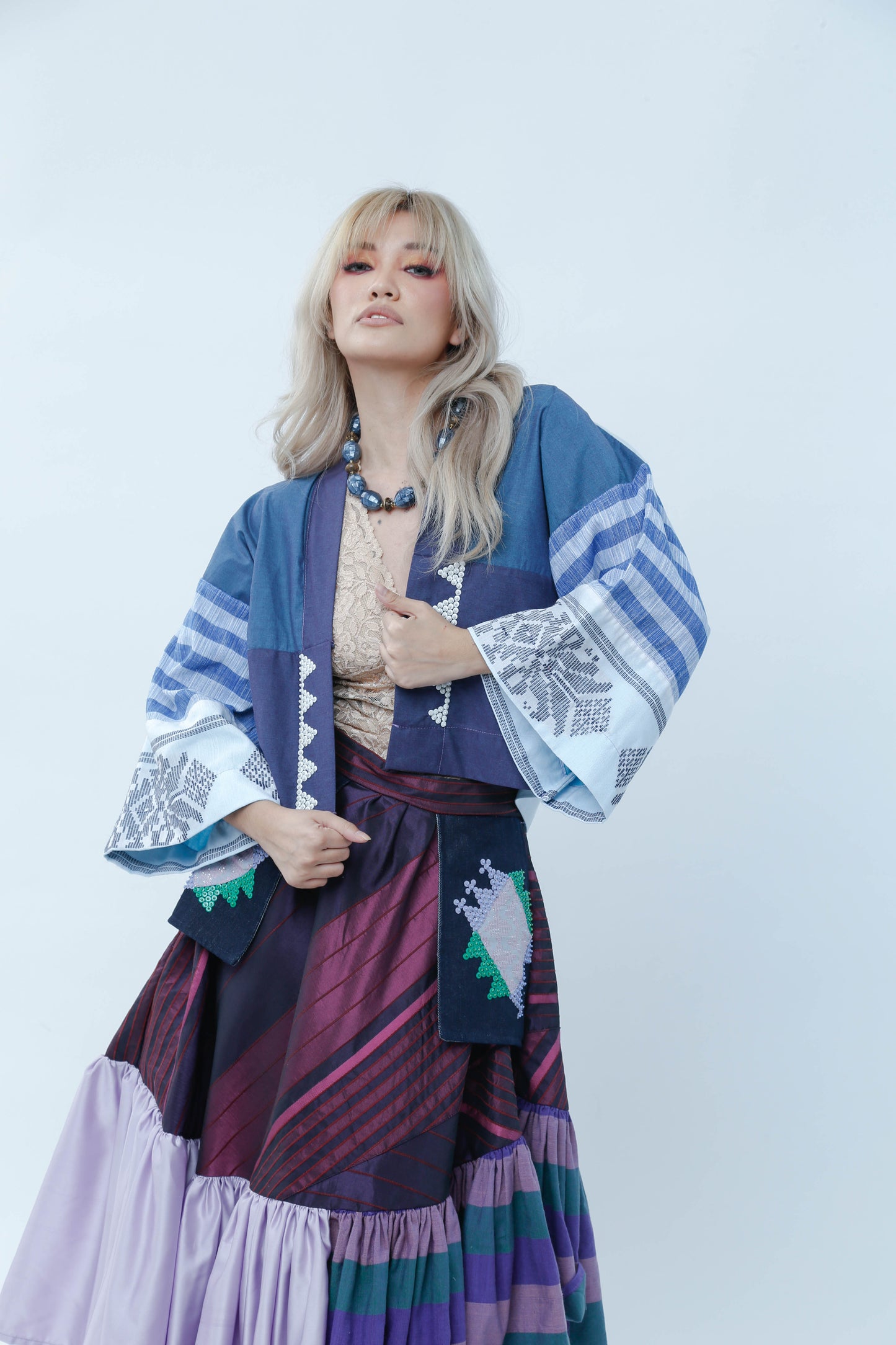 Crop Kimono in Blue Cotton Inaul