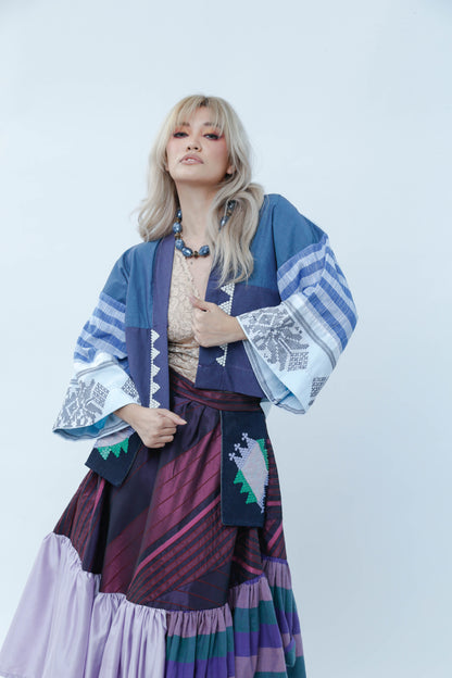 Crop Kimono in Blue Cotton Inaul