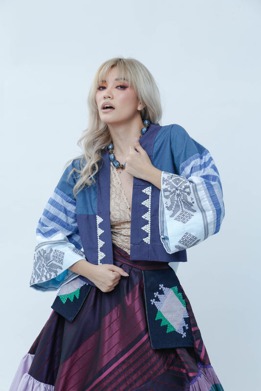 Crop Kimono in Blue Cotton Inaul