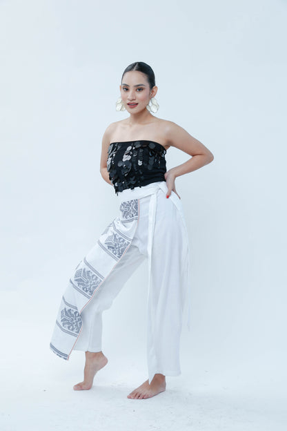 Kinabuhi Pants in White Linen with Cotton Inaul