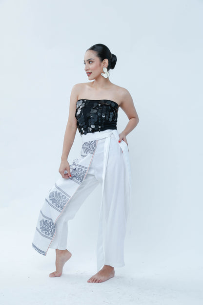 Kinabuhi Pants in White Linen with Cotton Inaul
