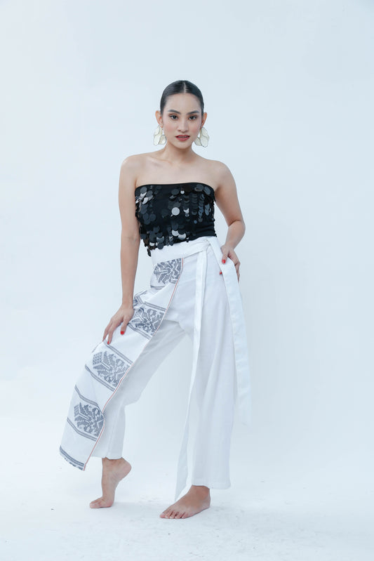 Kinabuhi Pants in White Linen with Cotton Inaul