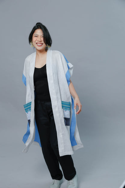 Glamorosa Poncho in Blue White Linen